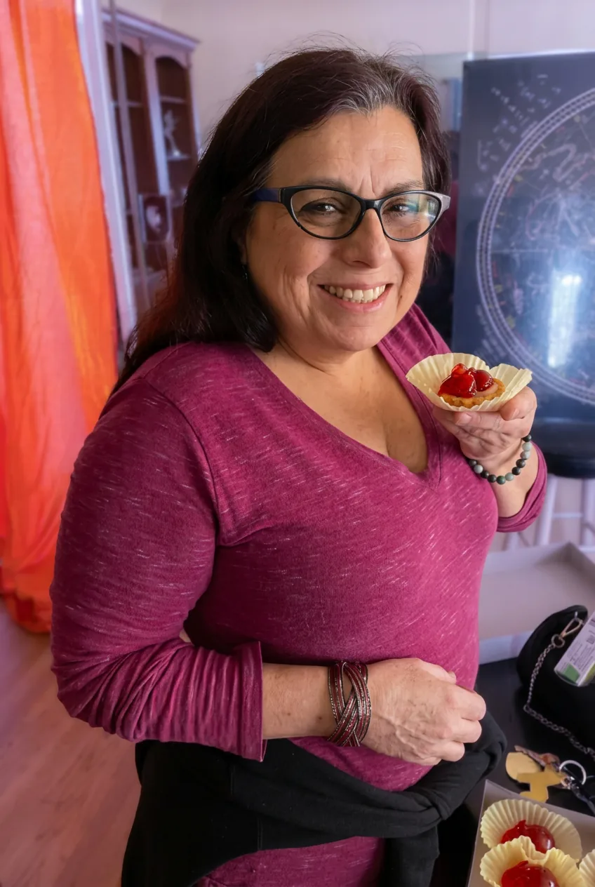 Maria Elena Adame-Barrios, founder of MADAME INC., holding a custard dessert